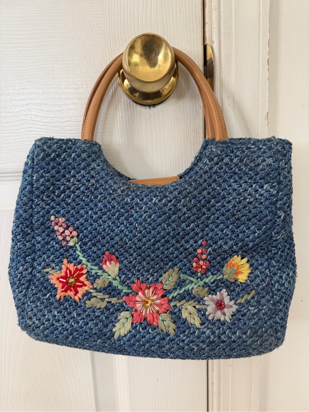 Vintage Blue Floral Appliqué Lined Purse with Tan Handles